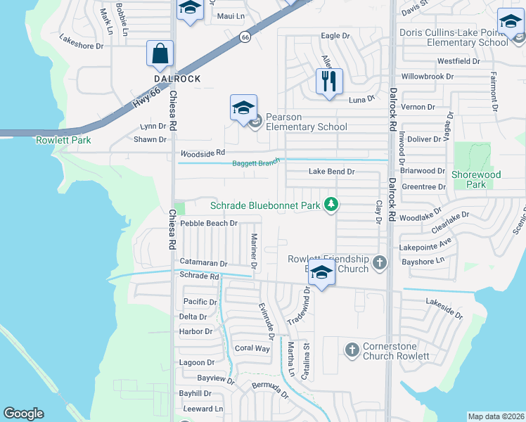 map of restaurants, bars, coffee shops, grocery stores, and more near 7806 Lindsey Drive in Rowlett