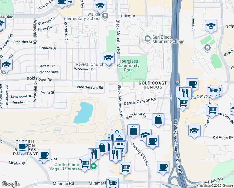 map of restaurants, bars, coffee shops, grocery stores, and more near 10232 Black Mountain Road in San Diego