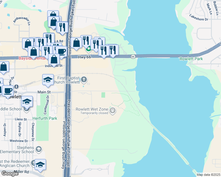 map of restaurants, bars, coffee shops, grocery stores, and more near 7771 Main Street in Rowlett