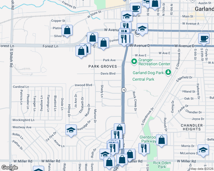 map of restaurants, bars, coffee shops, grocery stores, and more near 1446 Redbud Ln in Garland