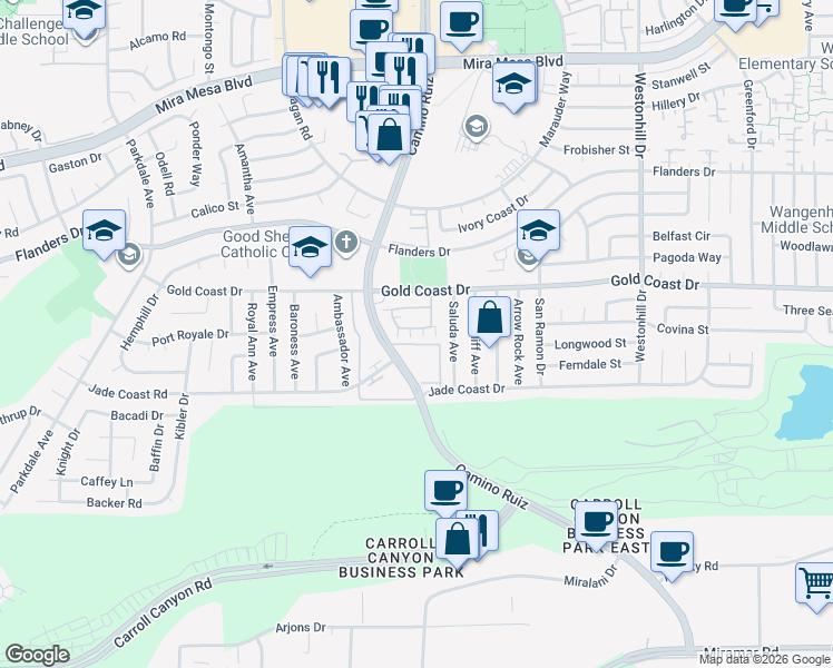 map of restaurants, bars, coffee shops, grocery stores, and more near 8343 Gold Coast Drive in San Diego