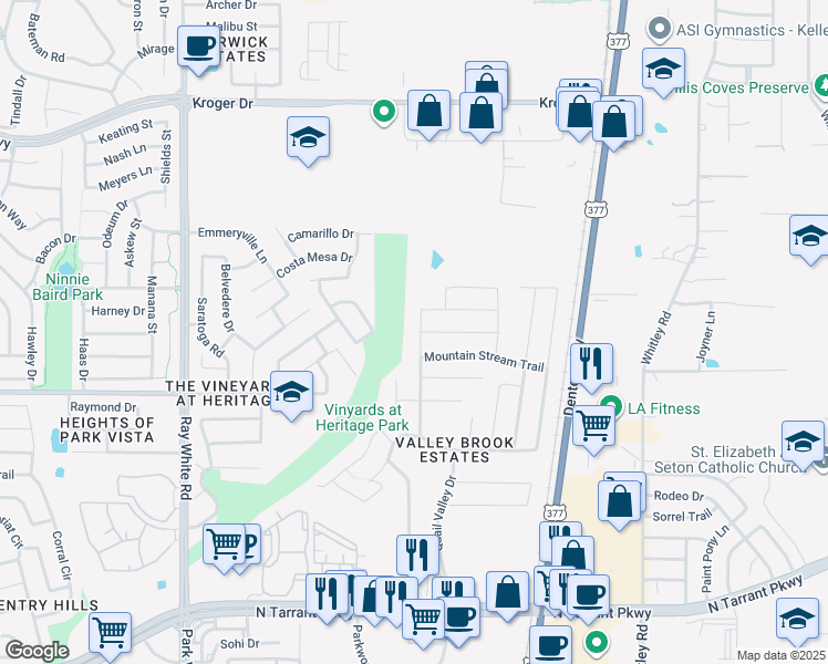 map of restaurants, bars, coffee shops, grocery stores, and more near 5705 Sapphire Pool Trail in Fort Worth
