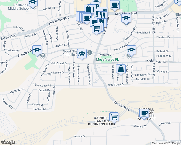 map of restaurants, bars, coffee shops, grocery stores, and more near 10235 Ambassador Avenue in San Diego
