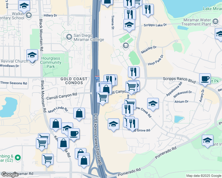 map of restaurants, bars, coffee shops, grocery stores, and more near 9850 Carroll Canyon Road in San Diego
