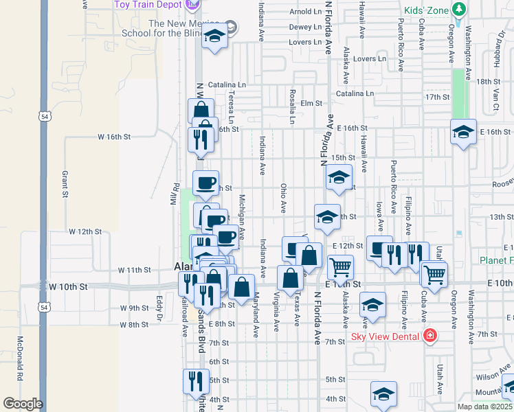 map of restaurants, bars, coffee shops, grocery stores, and more near 1309 Indiana Avenue in Alamogordo