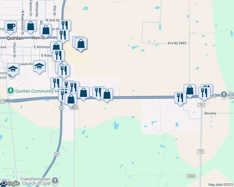 map of restaurants, bars, coffee shops, grocery stores, and more near 741-766 Equinlan Parkway in Quinlan