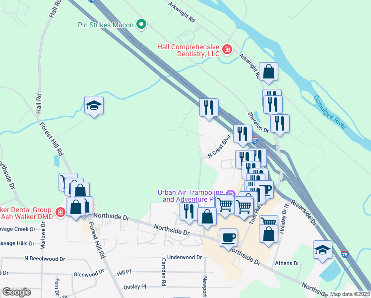 map of restaurants, bars, coffee shops, grocery stores, and more near 3936 Elnora Drive in Macon
