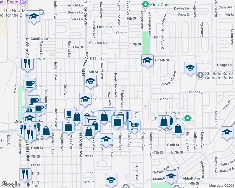 map of restaurants, bars, coffee shops, grocery stores, and more near 1304 Puerto Rico Avenue in Alamogordo