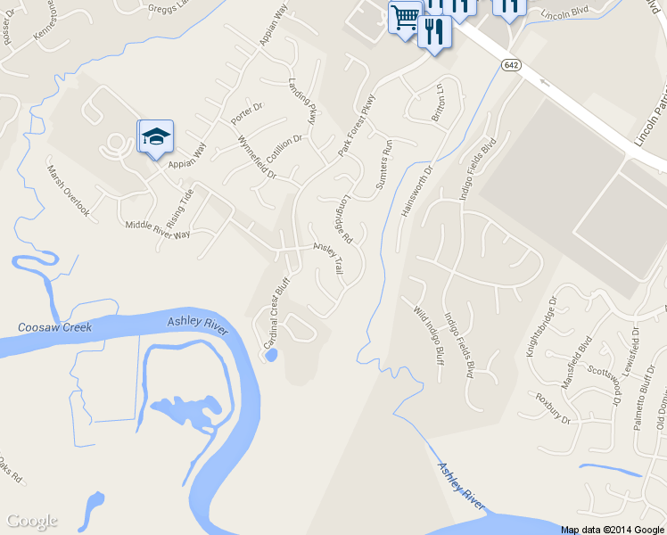map of restaurants, bars, coffee shops, grocery stores, and more near 5417 Ansley Trail in Charleston
