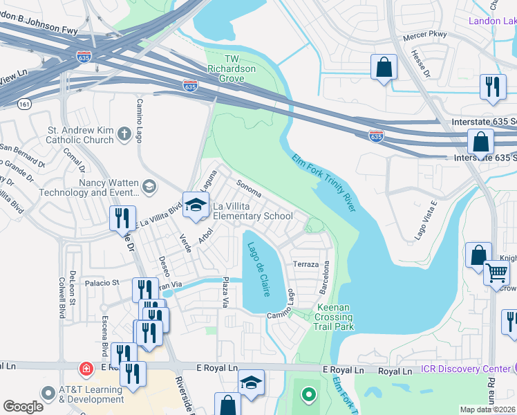map of restaurants, bars, coffee shops, grocery stores, and more near 827 Camilla in Irving