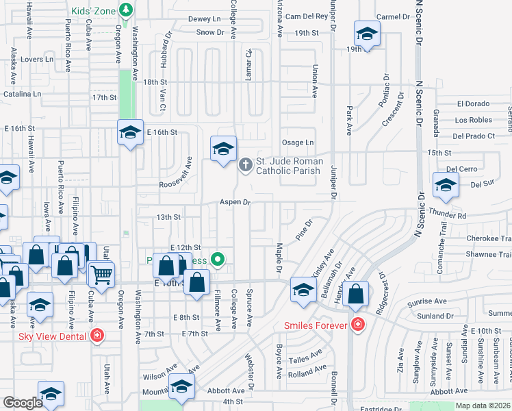 map of restaurants, bars, coffee shops, grocery stores, and more near 2100 Aspen Drive in Alamogordo