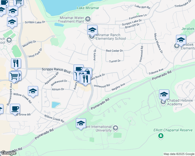 map of restaurants, bars, coffee shops, grocery stores, and more near 10045 Waldgrove Place in San Diego