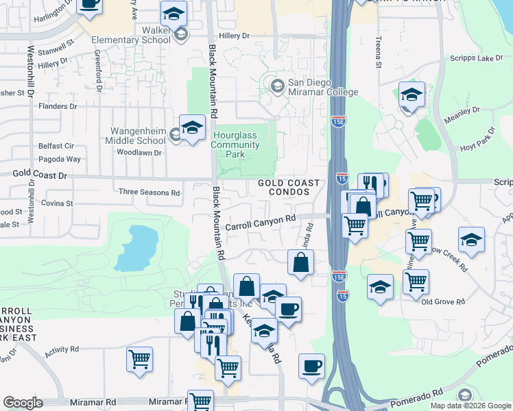 map of restaurants, bars, coffee shops, grocery stores, and more near 9516 Carroll Canyon Road in San Diego