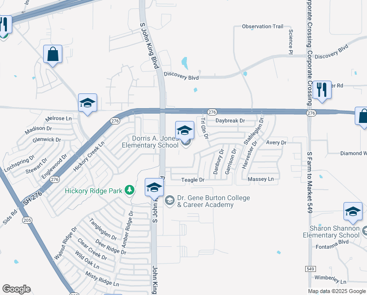 map of restaurants, bars, coffee shops, grocery stores, and more near 2051 Trail Glen Drive in Rockwall