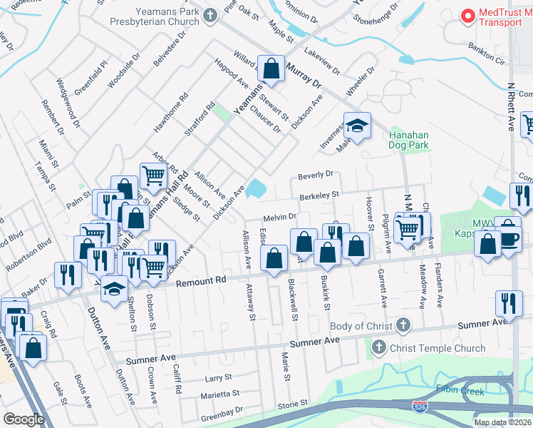 map of restaurants, bars, coffee shops, grocery stores, and more near 1116 Melvin Drive in Hanahan