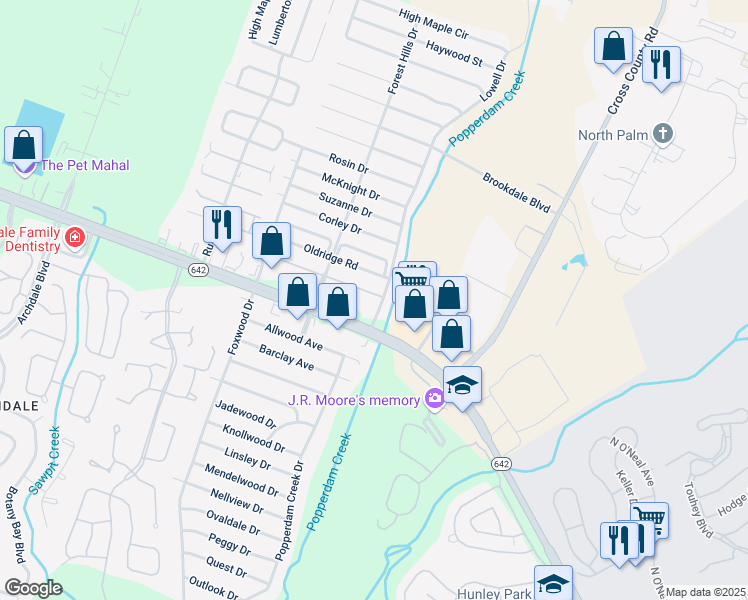 map of restaurants, bars, coffee shops, grocery stores, and more near 7605 Warsaw Road in North Charleston