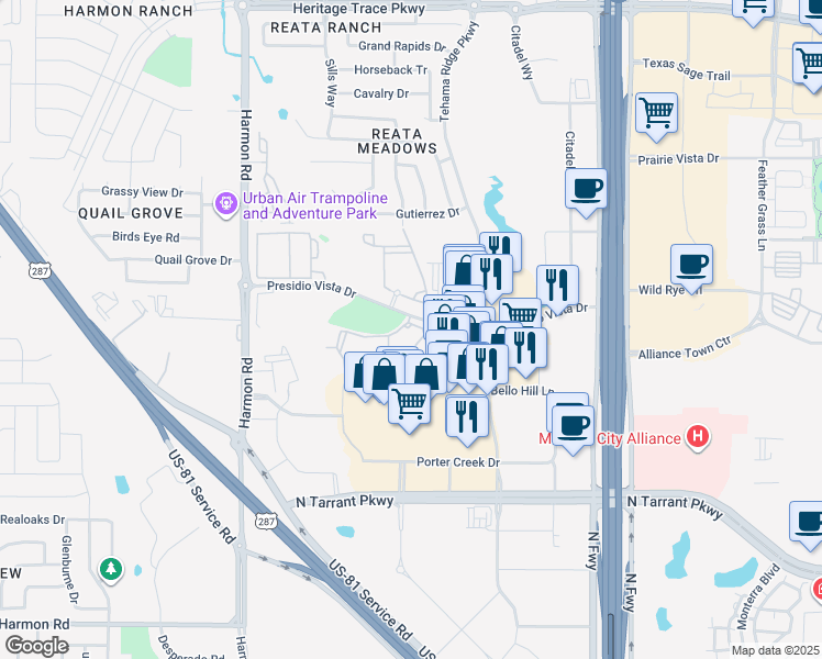 map of restaurants, bars, coffee shops, grocery stores, and more near 2322 Presidio Vista Drive in Fort Worth
