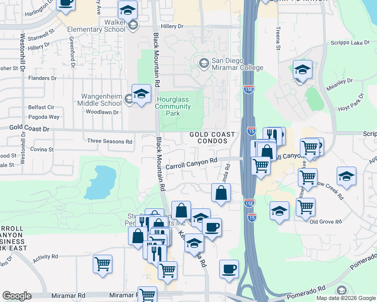 map of restaurants, bars, coffee shops, grocery stores, and more near 9516 Carroll Canyon Road in San Diego