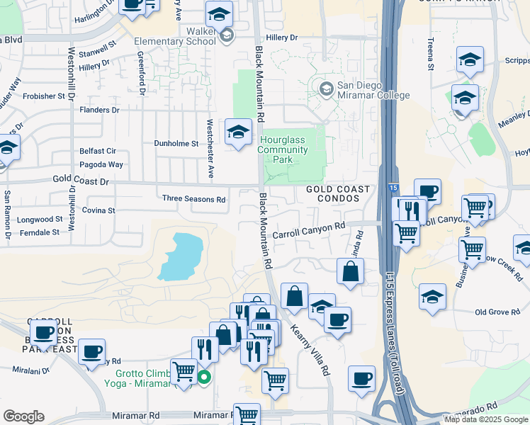 map of restaurants, bars, coffee shops, grocery stores, and more near 10232 Black Mountain Road in San Diego