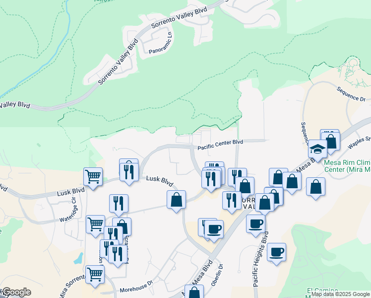 map of restaurants, bars, coffee shops, grocery stores, and more near 10165 Pacific Heights Blvd in San Diego