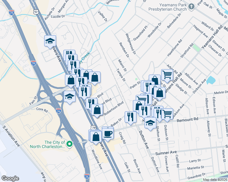 map of restaurants, bars, coffee shops, grocery stores, and more near 5871 Kirkwood Avenue in North Charleston