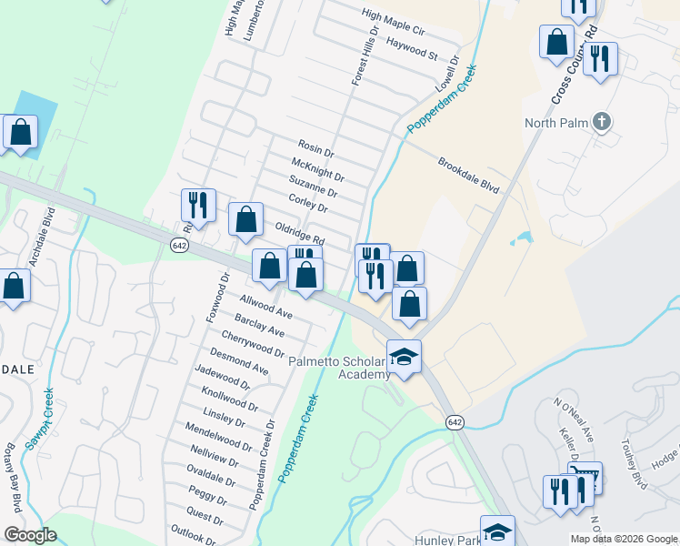 map of restaurants, bars, coffee shops, grocery stores, and more near 7605 Warsaw Road in North Charleston