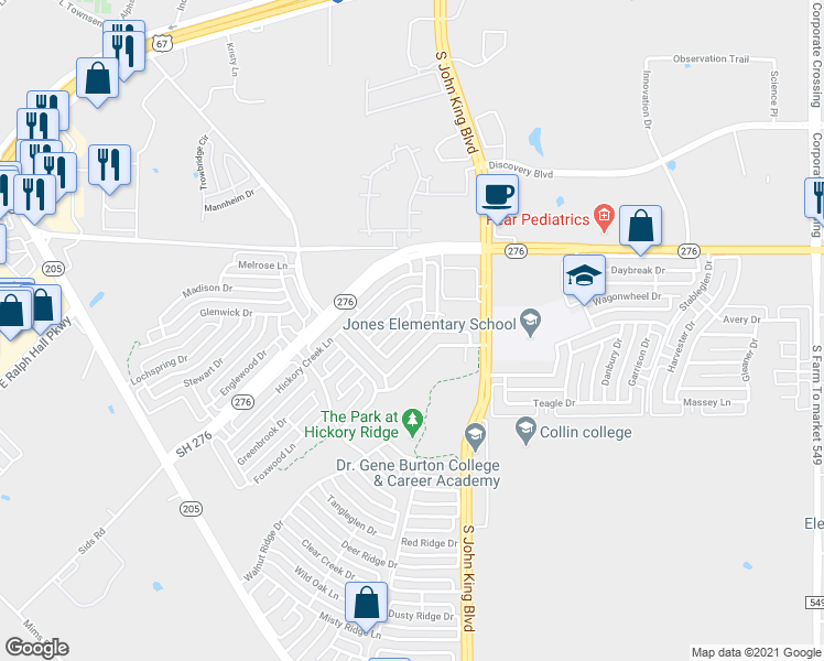map of restaurants, bars, coffee shops, grocery stores, and more near 1705 Wildrose Drive in Rockwall