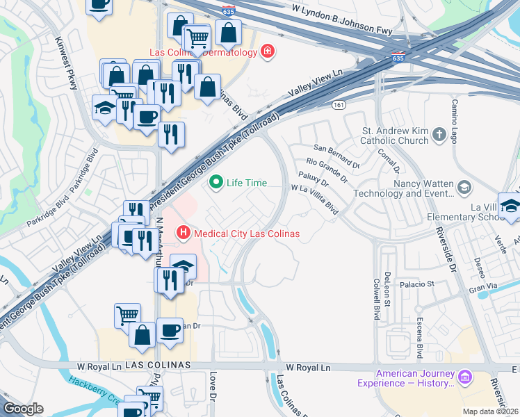 map of restaurants, bars, coffee shops, grocery stores, and more near 14 Cobblestone Lane in Irving