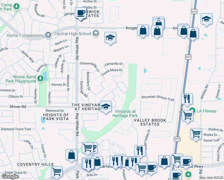 map of restaurants, bars, coffee shops, grocery stores, and more near 5441 Temecula Road in Fort Worth