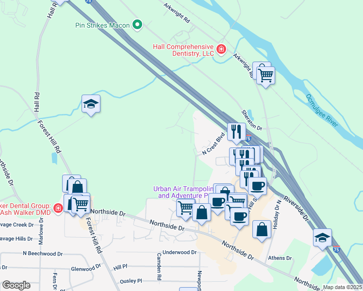 map of restaurants, bars, coffee shops, grocery stores, and more near 3936 Elnora Drive in Macon