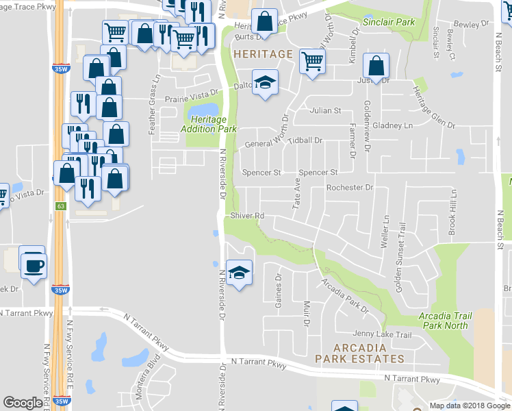 map of restaurants, bars, coffee shops, grocery stores, and more near 9009 Georgetown Place in Fort Worth