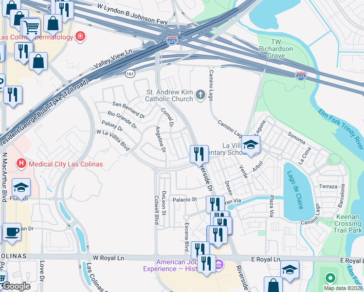 map of restaurants, bars, coffee shops, grocery stores, and more near 7031 Nueces Drive in Irving