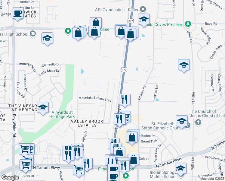 map of restaurants, bars, coffee shops, grocery stores, and more near 9045 Sun Haven Way in Fort Worth