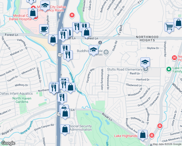 map of restaurants, bars, coffee shops, grocery stores, and more near 10 Vanguard Way in Dallas