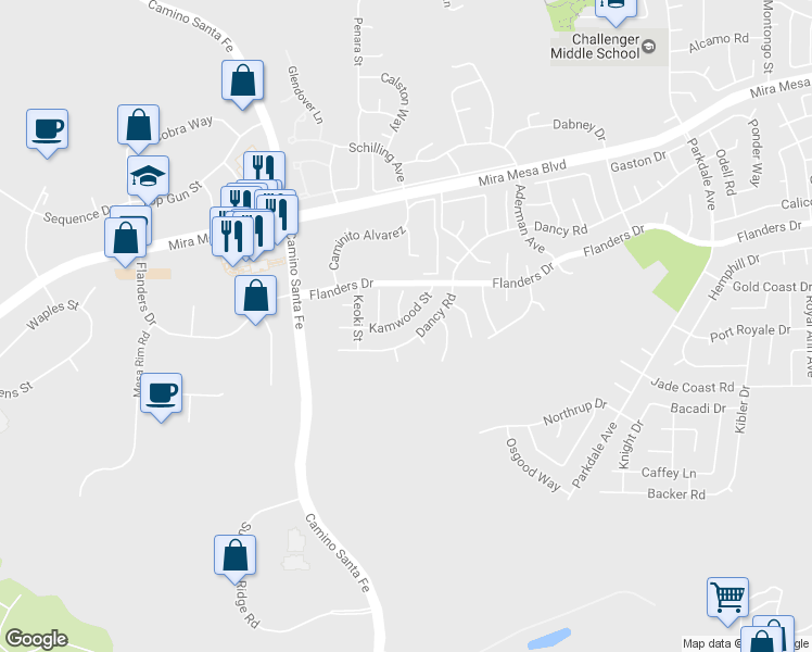 map of restaurants, bars, coffee shops, grocery stores, and more near 7391 Kamwood Street in San Diego
