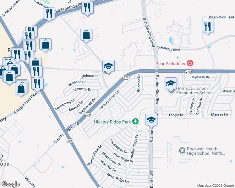 map of restaurants, bars, coffee shops, grocery stores, and more near 2501 Barksdale Drive in Rockwall