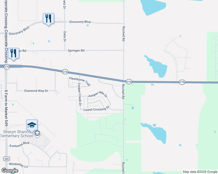 map of restaurants, bars, coffee shops, grocery stores, and more near 3857 Pinebluff Lane in Rockwall