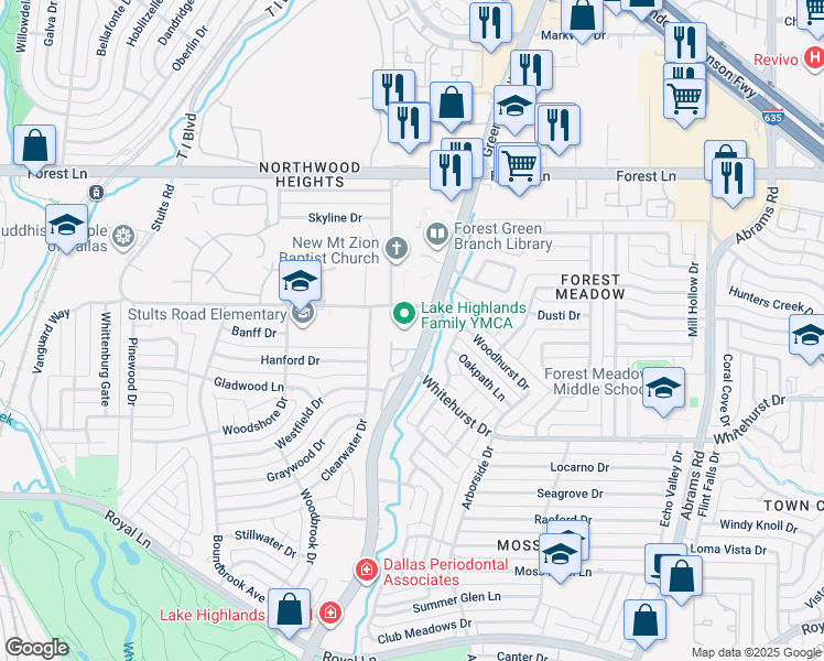 map of restaurants, bars, coffee shops, grocery stores, and more near 8920 Stults Road in Dallas