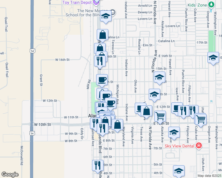 map of restaurants, bars, coffee shops, grocery stores, and more near 1312 North New York Avenue in Alamogordo
