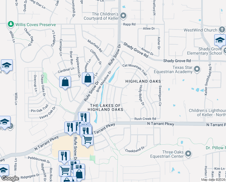 map of restaurants, bars, coffee shops, grocery stores, and more near 1504 Highland Lakes Dr in Keller