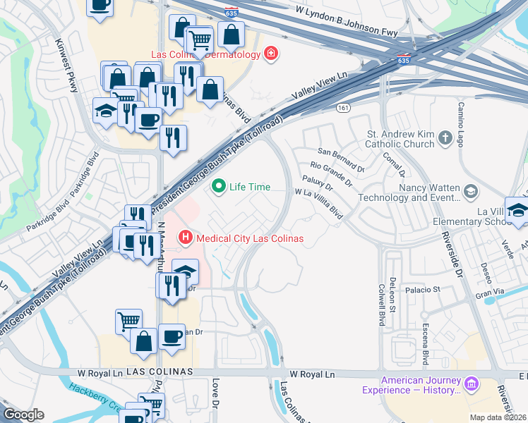 map of restaurants, bars, coffee shops, grocery stores, and more near 14 Cobblestone Lane in Irving