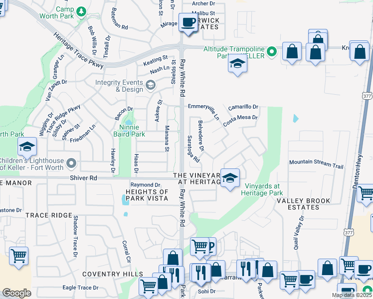 map of restaurants, bars, coffee shops, grocery stores, and more near 9017 Saratoga Road in Fort Worth