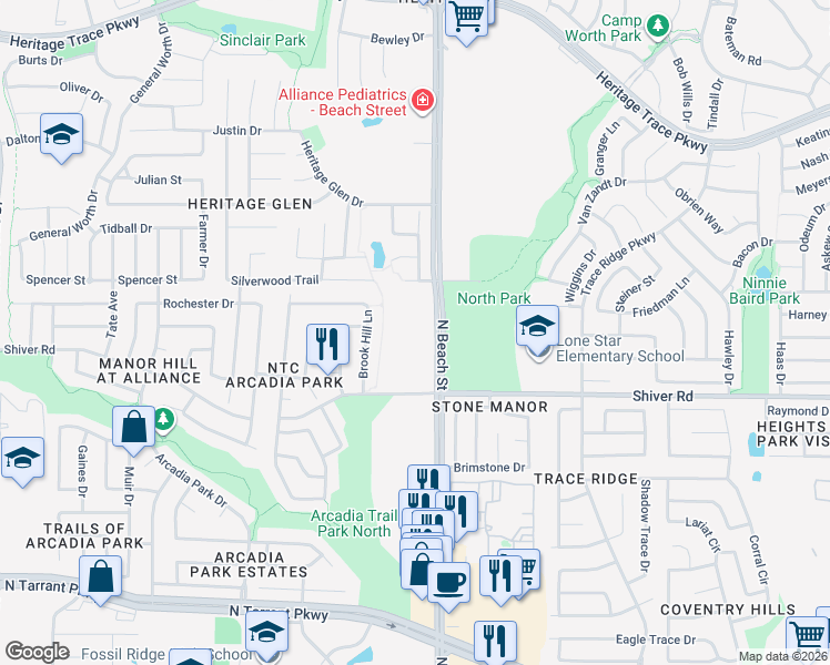 map of restaurants, bars, coffee shops, grocery stores, and more near 9001 North Beach Street in Fort Worth