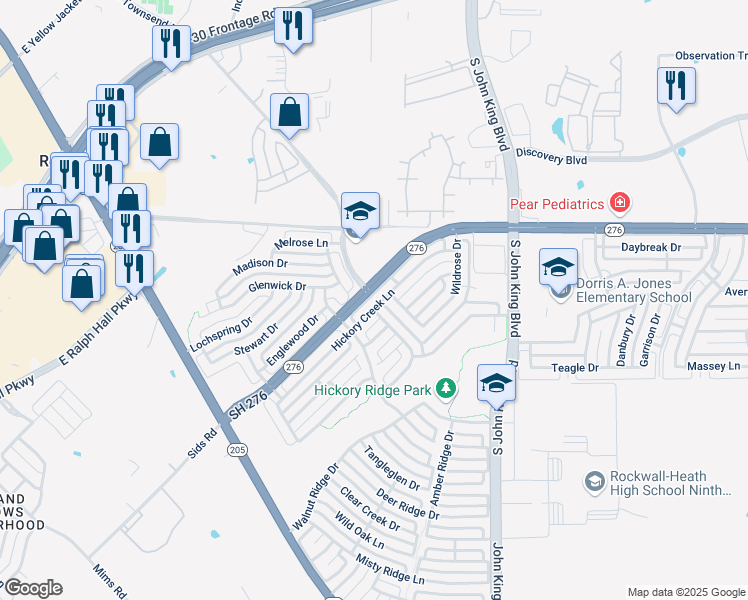 map of restaurants, bars, coffee shops, grocery stores, and more near 2501 Barksdale Drive in Rockwall
