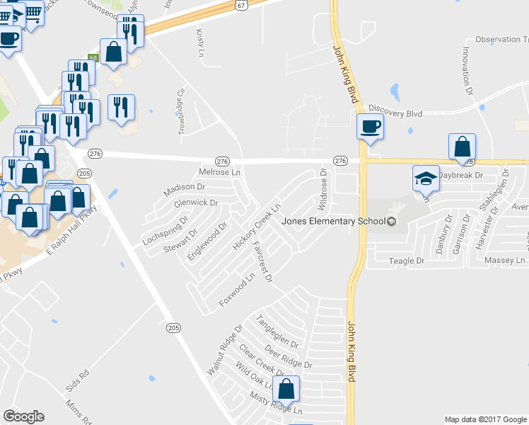 map of restaurants, bars, coffee shops, grocery stores, and more near 1640 Hickory Creek Lane in Rockwall