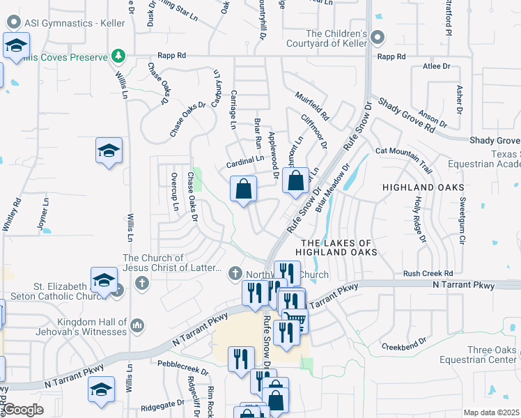 map of restaurants, bars, coffee shops, grocery stores, and more near 911 Carriage Lane in Keller