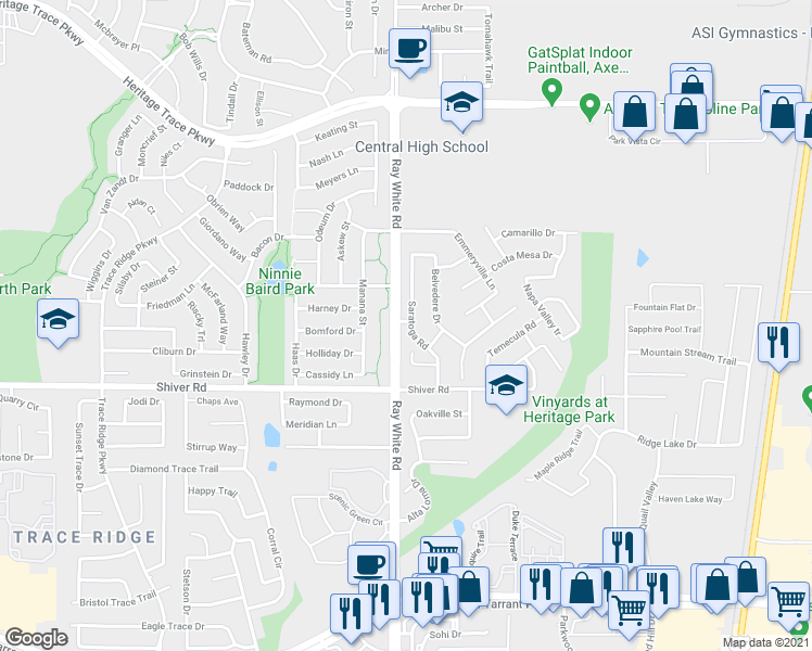 map of restaurants, bars, coffee shops, grocery stores, and more near 9017 Saratoga Road in Fort Worth