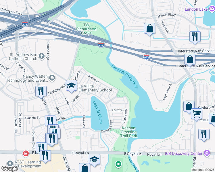 map of restaurants, bars, coffee shops, grocery stores, and more near 6866 Sonoma in Irving