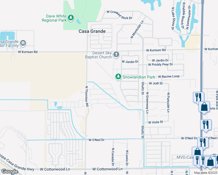 map of restaurants, bars, coffee shops, grocery stores, and more near 876 Desert Sky Drive in Casa Grande