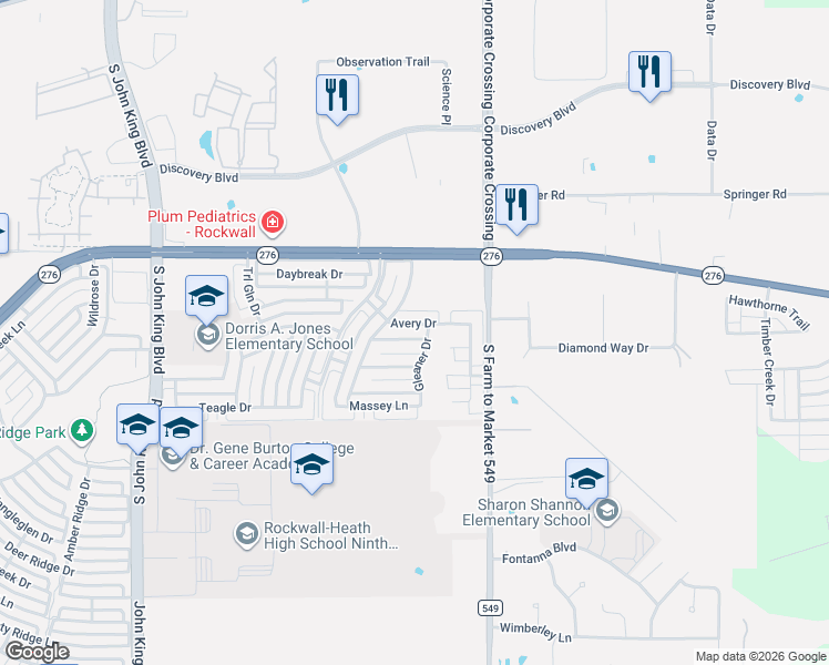 map of restaurants, bars, coffee shops, grocery stores, and more near 2771 Avery Drive in Rockwall